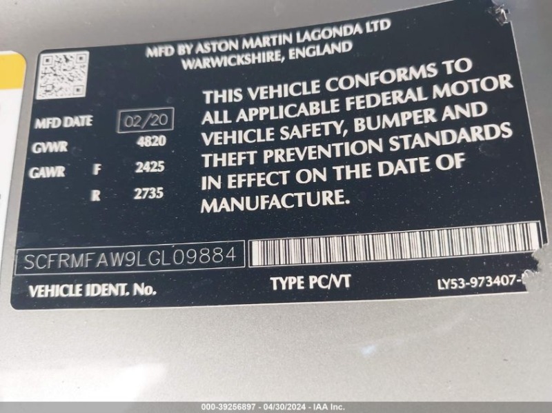 Aston martin Други 4.0L V-8 DI, DOHC, VVT, TURBO, 503HP Rear Wheel Dr, снимка 13 - Автомобили и джипове - 46347278