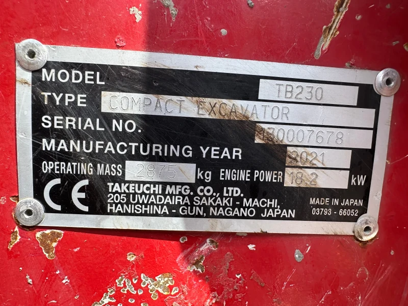 Багер Takeuchi TB230- COMPACT EXCAVATOR , снимка 7 - Индустриална техника - 51507509